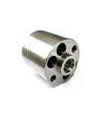 Intensifier support for waterjet pump; metal cylindrical block with flanged front featuring four bolt holes.