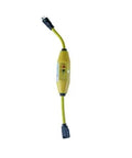 GFCI Portable Inline Extension Cord 15 Amp Auto Trip 6 Ft with a yellow adaptor and dual female outlets for power tools.