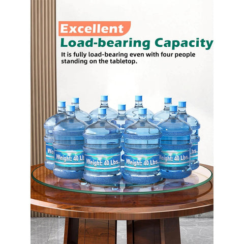 22.8 inch tempered glass lazy susan rotating serving tray with multiple water jugs demonstrating load-bearing capacity.