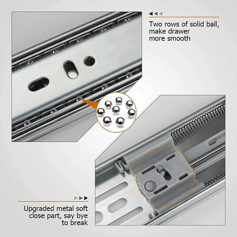 Close-up of 22 Inch Side Mount Soft Close Drawer Slides With Full Extension Three Fold Ball Bearing 100 Pound Capacity