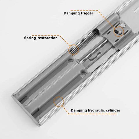 Close-up of Soft Close Drawer Slides 22 Inch Side Mount Heavy Duty Cabinet Drawer Glides 10 Pairs showing damping trigger and components.