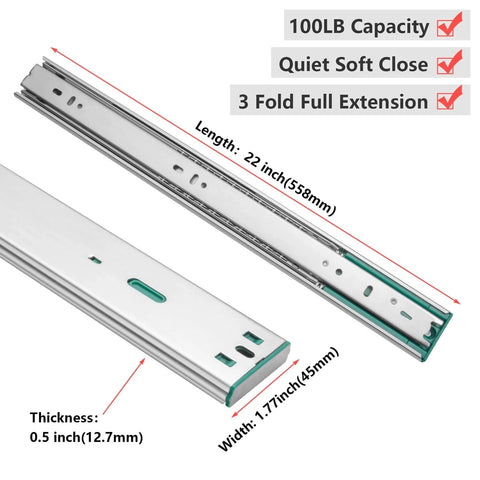 10 Pairs Soft Close Drawer Slides 22 Inch Heavy Duty Side Mount Dresser Cabinet Rails Metal Ball Bearing and Full Extension