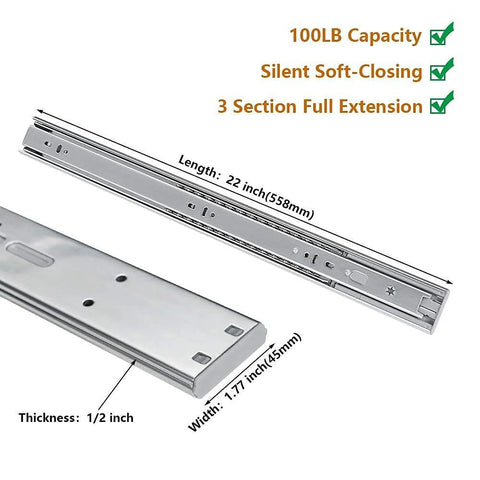 22 Inch Side Mount Soft Close Drawer Slides With Full Extension Three Fold Ball Bearing Drawer Glides 100 Pound Capacity
