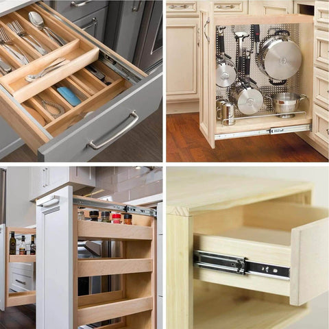 Soft Close Drawer Slides 22 Inch Side Mount Heavy Duty Cabinet Drawer Glides 10 Pairs - Ball Bearing Full Extension Kitchen Cabinet Rails 100 LB Capacity installed in various kitchen drawers and cabinets