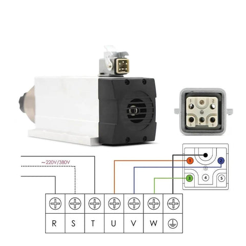 2.2 kW ER25 Air Cooled CNC Spindle With Ceramic Ball Bearings And Flange, inverter ready, wiring diagram shown