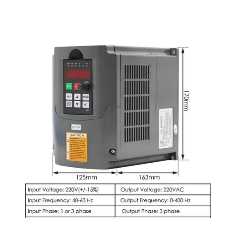 Side view of industrial inverter with voltage and frequency details, compatible with 2.2 kW ER25 Air Cooled CNC Spindle
