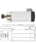 2.2 kW ER25 Air Cooled CNC Spindle With Ceramic Ball Bearings And Flange, side view, dimensions shown, heavy duty CNC tooling.