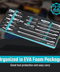 22 Piece Drive Tool Accessory Set With One Quarter Inch, Three Eighths Inch, And One Half Inch Extension Bars Spark Plug Sockets Universal Joints Socket Adapters And Cr V Steel Tools In An EVA Foam Case Built Tough For Pros on display