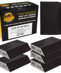 Box of 6 220 Grit Four Sided Sanding Block Sponges with Angled Edge; shown with individual sponges for automotive or woodworking use.