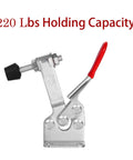 Beefy 220 Lbs Heavy Duty Toggle Clamp 201B with red handle, carbon steel with zinc finish, adjustable rubber tip for secure metal fixing.