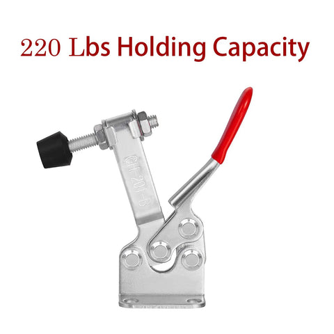Beefy 220 Lbs Heavy Duty Toggle Clamp 201B with red handle, carbon steel with zinc finish, adjustable rubber tip for secure metal fixing.