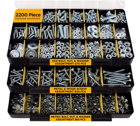 2251 Piece Hardware Assortment Kit with Screws Nuts Bolts and Washers Featuring 3 Stackable Trays, including SAE and Metric fasteners.