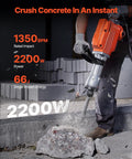 Heavy duty 2200W demolition jack hammer delivers powerful 66J impact energy and 1350 BPM for fast concrete breaking