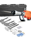 Heavy duty 2200W demolition jack hammer delivers powerful 66J impact energy and 1350 BPM for fast concrete breaking, includes 6 chisels and a sturdy carrying case for professional construction and industrial maintenance projects, with accessories displayed.