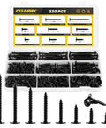 Open box of 220 PCS #8 Truss Head Black Wood Screws Assortment Kit with Phillips Drive, showcasing screws in 8 sizes for versatile fastening.