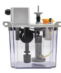 220V Electric Intermittent Lubrication Pump with adjustable cycle timers, designed for CNC machine tools, showing internal components