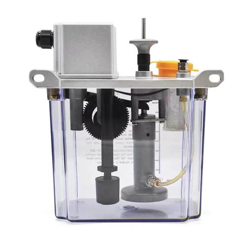 220V Electric Intermittent Lubrication Pump with adjustable cycle timers, designed for CNC machine tools, showing internal components