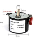 Front view of 220V AC Synchronous Gear Motor 50KTYZ 50-KTYZ 6-10W, showing dimensions and specifications, 7mm shaft.