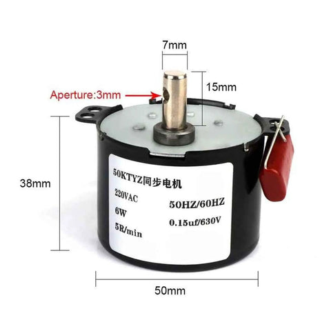 Front view of 220V AC Synchronous Gear Motor 50KTYZ 50-KTYZ 6-10W, showing dimensions and specifications, 7mm shaft.