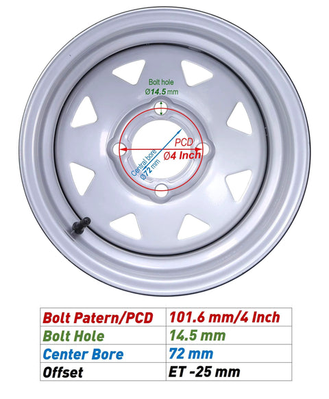 Image showing the silver wheel details of 225/35-12 Golf Cart Tire and Wheel Assembly Set of 2 with Silver Wheel, 4 Lugs on 4 inch PCD, ET-25.4 offset.