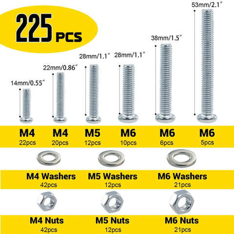 225 Pcs Screws and Nuts Assortment Kit with M4 M5 M6 Phillips Pan Head Bolts Matching Nuts and Washers Silver Finish detailed sizes