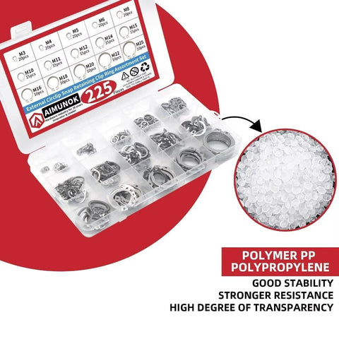 225 Piece External Retaining Ring Set 304 Stainless Steel Circlip Snap Ring Assortment Kit with labeled box and polypropylene info