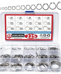 225 Piece External Retaining Ring Set 304 Stainless Steel Circlip Snap Ring Assortment Kit with 15 Sizes From M3 To M25 in labeled box