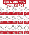 225 Piece External Retaining Ring Set 304 Stainless Steel Circlip Snap Ring Assortment Kit with 15 Sizes From M3 To M25 diagram