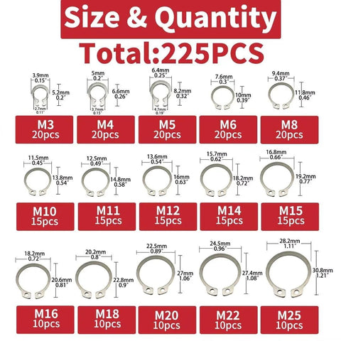 225 Piece External Retaining Ring Set 304 Stainless Steel Circlip Snap Ring Assortment Kit with 15 Sizes From M3 To M25 diagram