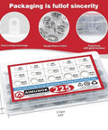 225 Piece External Retaining Ring Set 304 Stainless Steel Circlip Snap Ring Assortment Kit with 15 Sizes From M3 To M25 in labeled box