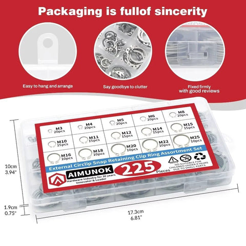 225 Piece External Retaining Ring Set 304 Stainless Steel Circlip Snap Ring Assortment Kit with 15 Sizes From M3 To M25 in labeled box