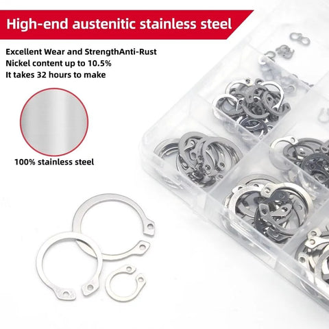 225 Piece External Retaining Ring Set 304 Stainless Steel Circlip Snap Ring Assortment Kit with 15 Sizes From M3 To M25