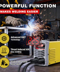 Portable 225Amp Stick Welder With 110V Inverter IGBT Tech Digital Display in use, welding metal with sparks, advanced features shown.