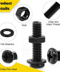 225 Pcs Screws and Nuts Assortment Kit with M4 M5 M6 Phillips Pan Head Bolts Matching Nuts and Washers Black Finish close-up of nuts and screws