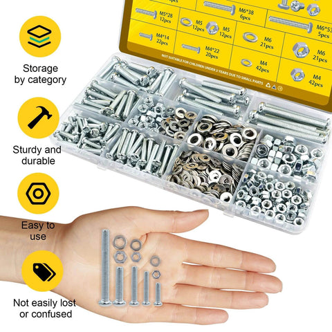 225 Pcs Screws and Nuts Assortment Kit with M4 M5 M6 Phillips Pan Head Bolts Matching Nuts and Washers Silver Finish in organized case