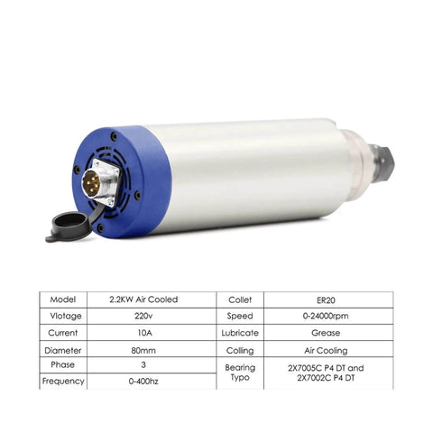 Air Cooled Spindle Motor 2.2KW ER20 With VFD Inverter 110V Aluminum Housing featuring connection port and specifications chart