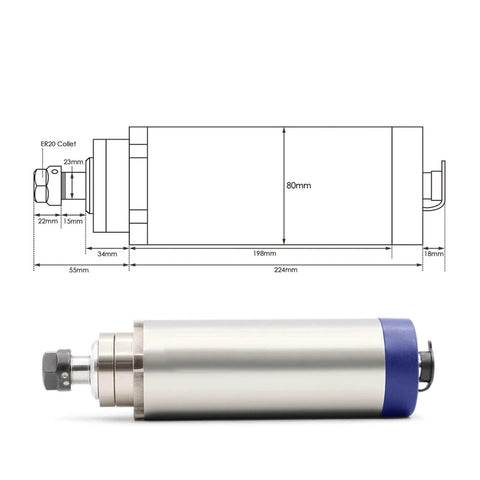 Beefy 2.2KW ER20 Air Cooled Spindle Motor For Engraving And Milling, 80mm Spindle, 110V, diagram and side view