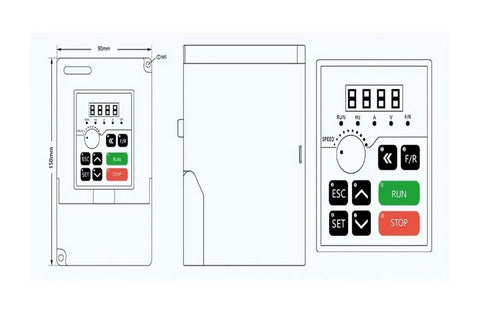 Diagram of 110V VFD inverter for 2.2KW ER20 Air Cooled Spindle Kit For CNC Mills with control buttons and measurements
