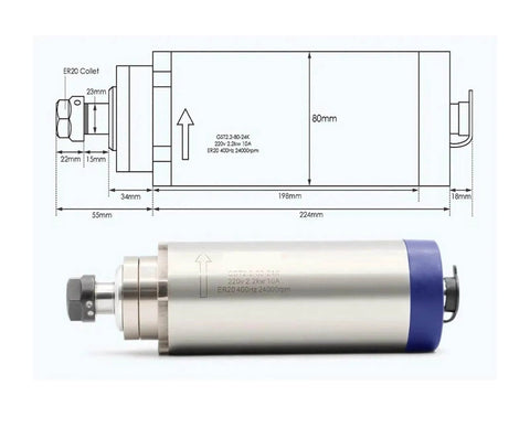 2.2KW ER20 Air Cooled Spindle Kit with 24000 RPM, 0.01mm runout, diagram and dimensions, CNC milling, 80mm bracket