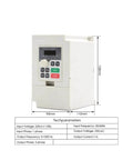 Close-up view of a 110V VFD inverter for 2.2KW ER20 Air Cooled Spindle Kit, showing control panel and dimensions with tech specifications table.