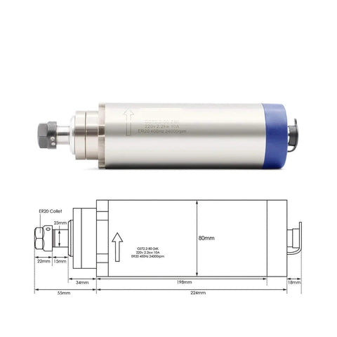 2.2KW ER20 Air Cooled Spindle Kit For CNC Mills With 24000 RPM 0.01mm Runout, diagram and side view, 80mm bracket, 110V VFD