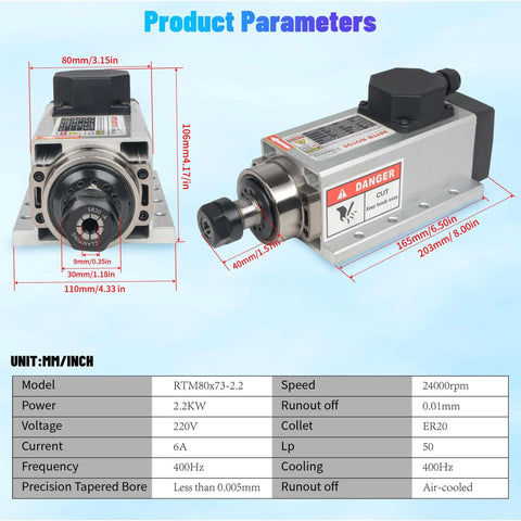 Dimensions and specifications of Beefy 2.2KW Air Cooled Spindle Motor 220V ER20 With Nut And Collet Included High Speed CNC Router Engraver