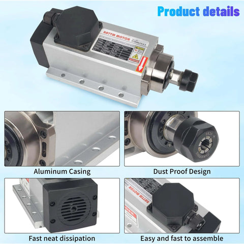 Beefy 2.2KW Air Cooled Spindle Motor 220V ER20 with Nut and Collet, CNC Router Engraver, showing aluminum casing and dust proof design