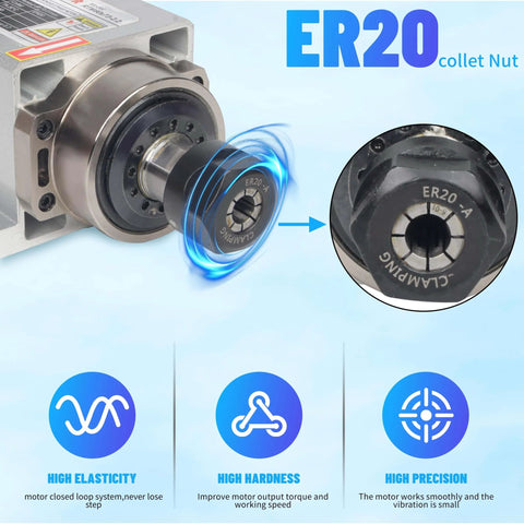 Beefy 2.2KW Air Cooled Spindle Motor 220V ER20 With Nut And Collet Included showcasing ER20 collet nut design.