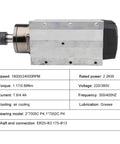 2.2KW ER20 spindle motor for CNC router, square air cooled with flange, specs shown, suitable for woodworking and carving.