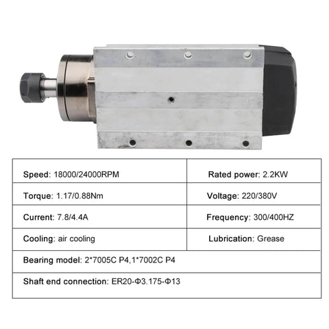 2.2KW ER20 spindle motor for CNC router, square air cooled with flange, specs shown, suitable for woodworking and carving.