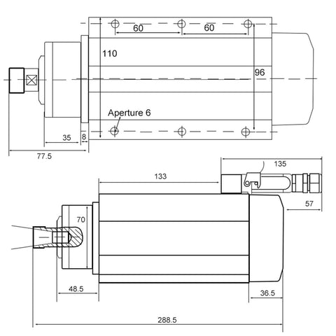 Technical drawing of 2.2KW ER20 Spindle Motor for CNC Router Square Air Cooled with Flange 220V 380V dimensions and mounting