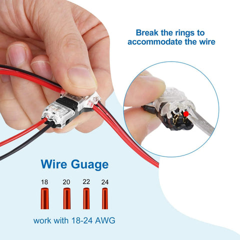 Close-up of hand holding 22 AWG LED wire with T-tap connector, part of the 65.6ft LED Extension Cable with 12 Piece 3 Way T Tap Wire Connectors kit