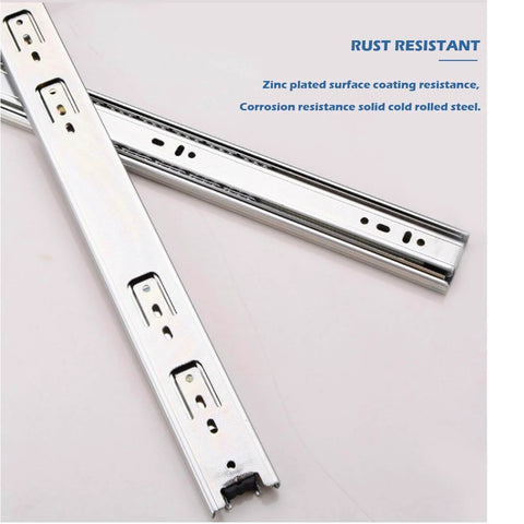 Close-up of zinc-plated 22-Inch Heavy Duty Full Extension Drawer Slides, Ball Bearing Soft Closing Drawer Rails Runners 6Pair (12 Pieces).