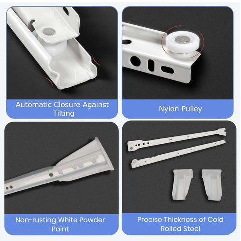 Close-up of 22 Inch Euro Drawer Slides Pack of 8 for Face Frame and Frameless Cabinets, showing nylon pulley and cold rolled steel.